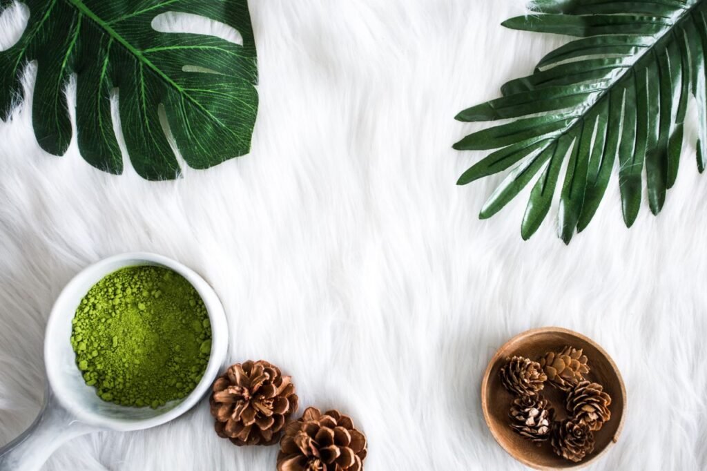 A top view of green matcha powder, pine cones, and tropical leaves on a soft white background.